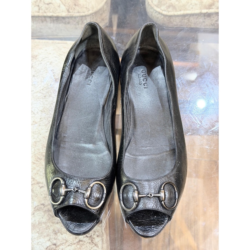 Gucci Black Pebbled Leather Horsebit Peep Toe Flats Gunmetal Hardware 40.5 C